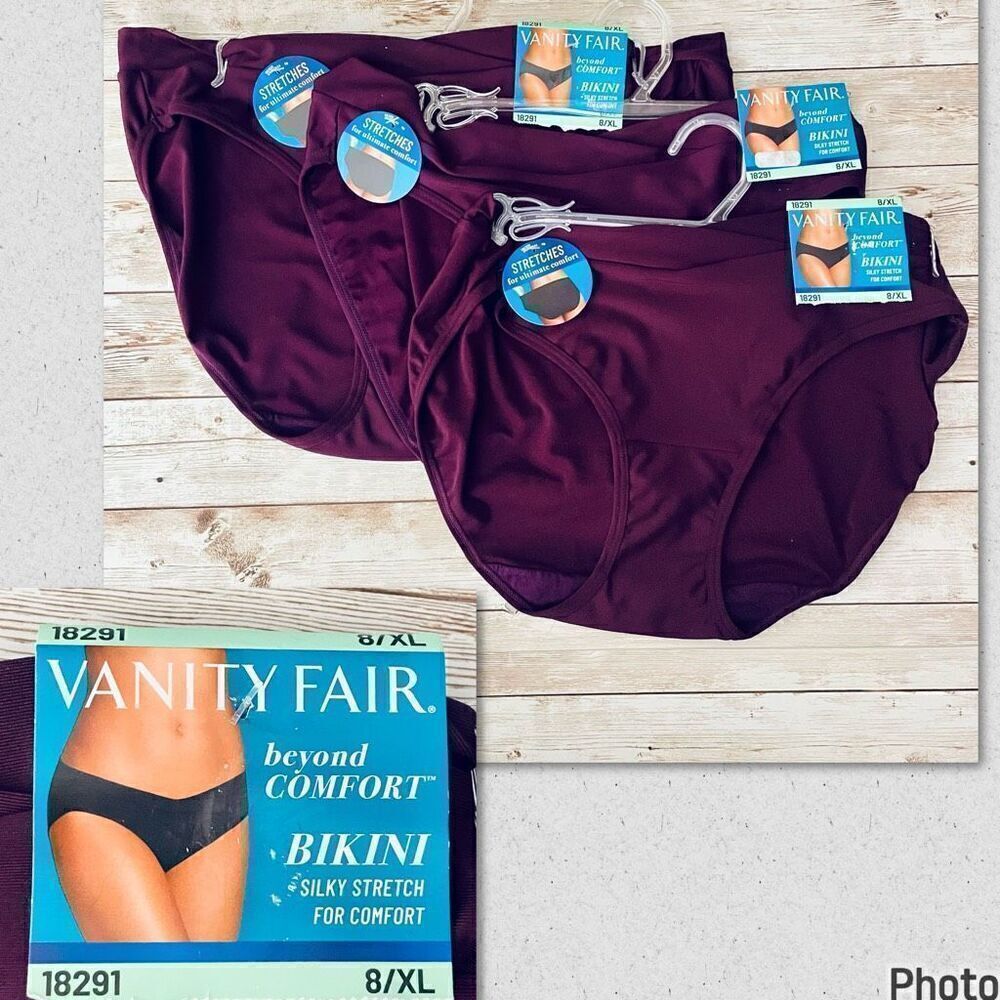 NWT 3 Pack Vanity Fair Plum 8/XL Beyond Comfort Silky Stretch Bikini Panty 18291